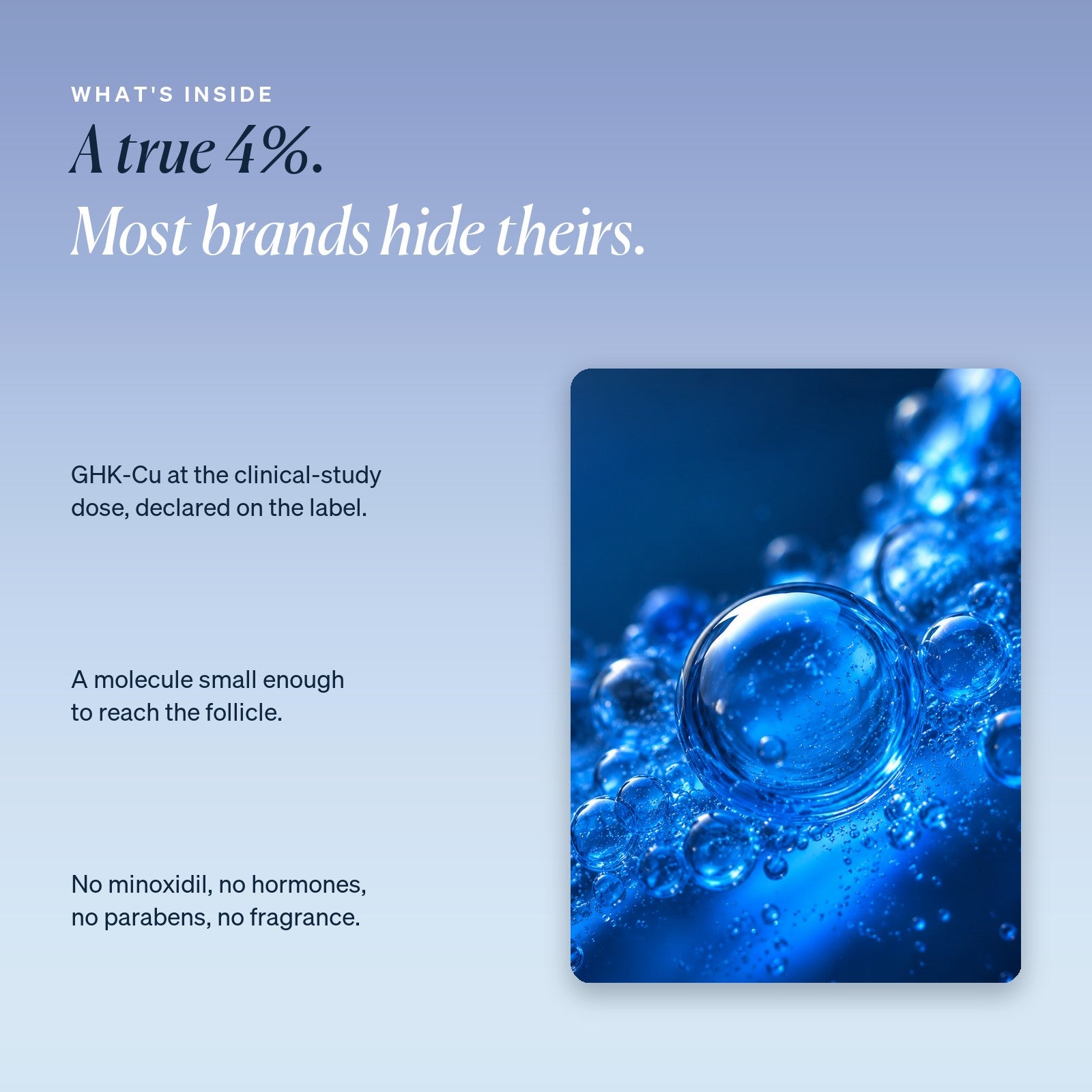 What's inside: GHK-Cu copper peptide at a true 4%, glycerin base, no minoxidil, no hormones